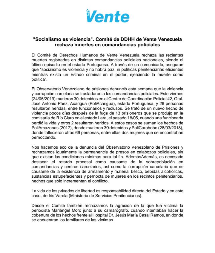 «Socialismo es violencia». Comité de DDHH de Vente Venezuela rechaza muertes en comandancias policiales