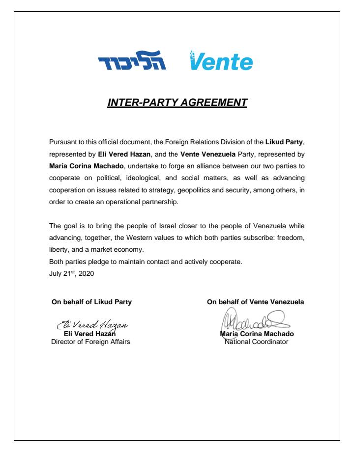 Vente Venezuela firma acuerdo de cooperación con el partido Likud de Israel (+Acuerdo)
