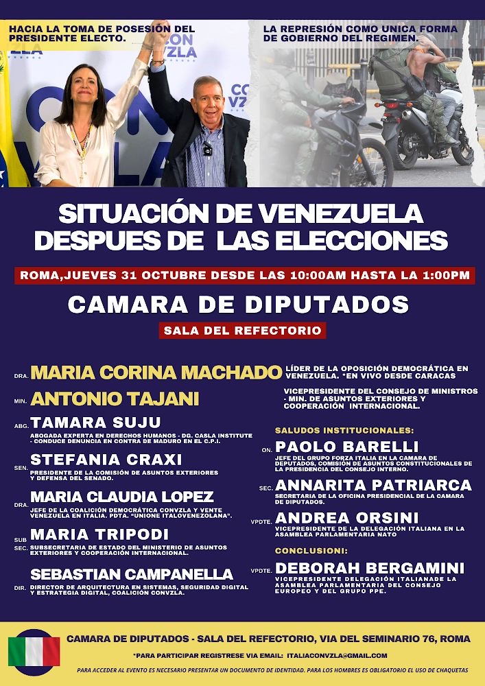 María Corina Machado, diputados italianos y otros líderes mundiales discutirán la “Situación de Venezuela después de las elecciones”